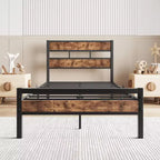 Cadre de lit plateforme industriel noir, tête de lit en bois rustique, simple/double, 1-2 personnes
