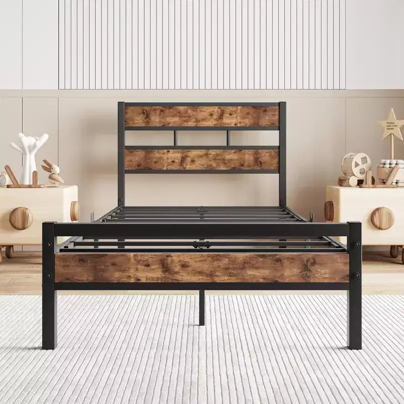 Cadre de lit plateforme industriel noir, tête de lit en bois rustique, simple/double, 1-2 personnes