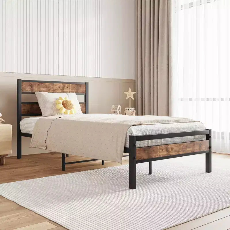 Cadre de lit plateforme industriel noir, tête de lit en bois rustique, simple/double, 1-2 personnes