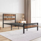 Cadre de lit plateforme industriel noir, tête de lit en bois rustique, simple/double, 1-2 personnes