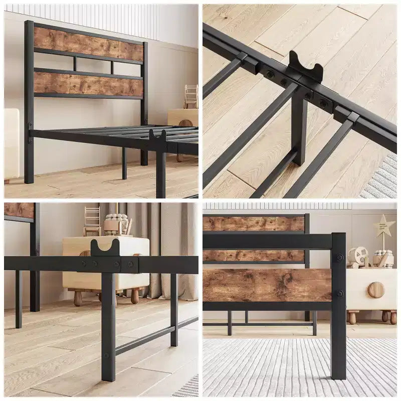 Cadre de lit plateforme industriel noir, tête de lit en bois rustique, simple/double, 1-2 personnes