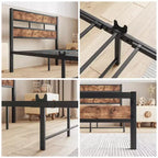 Cadre de lit plateforme industriel noir, tête de lit en bois rustique, simple/double, 1-2 personnes