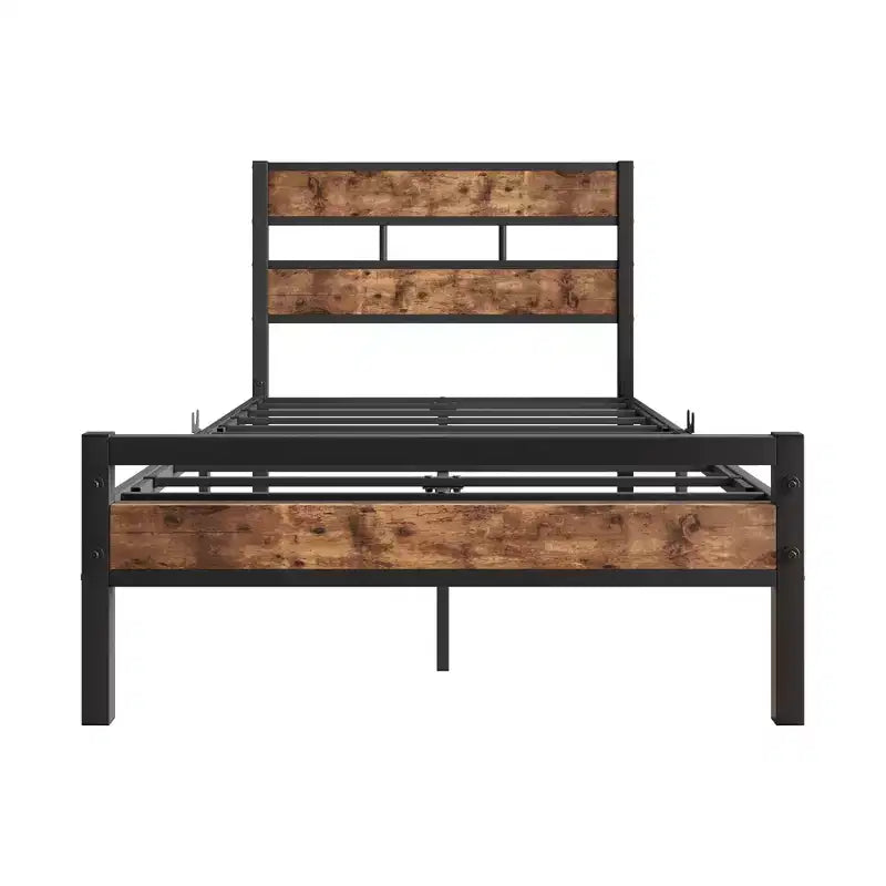 Cadre de lit plateforme industriel noir, tête de lit en bois rustique, simple/double, 1-2 personnes