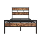 Cadre de lit plateforme industriel noir, tête de lit en bois rustique, simple/double, 1-2 personnes