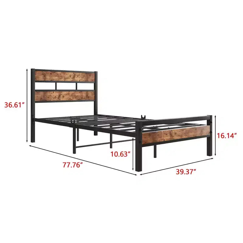 Cadre de lit plateforme industriel noir, tête de lit en bois rustique, simple/double, 1-2 personnes