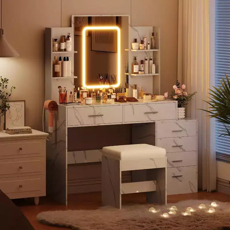 Coiffeuse noire/blanc marbré avec miroir, lumières et station de charge – 1 personne