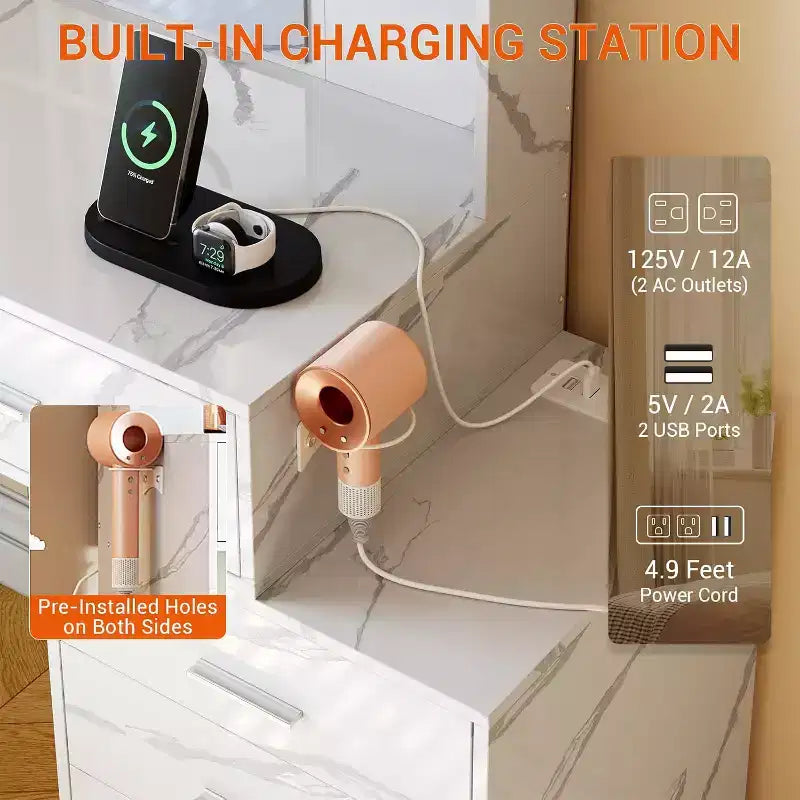 Coiffeuse noire/blanc marbré avec miroir, lumières et station de charge – 1 personne