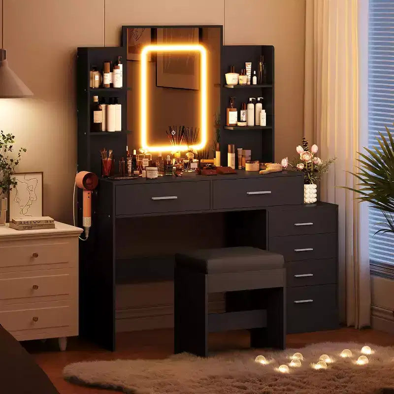 Coiffeuse noire/blanc marbré avec miroir, lumières et station de charge – 1 personne
