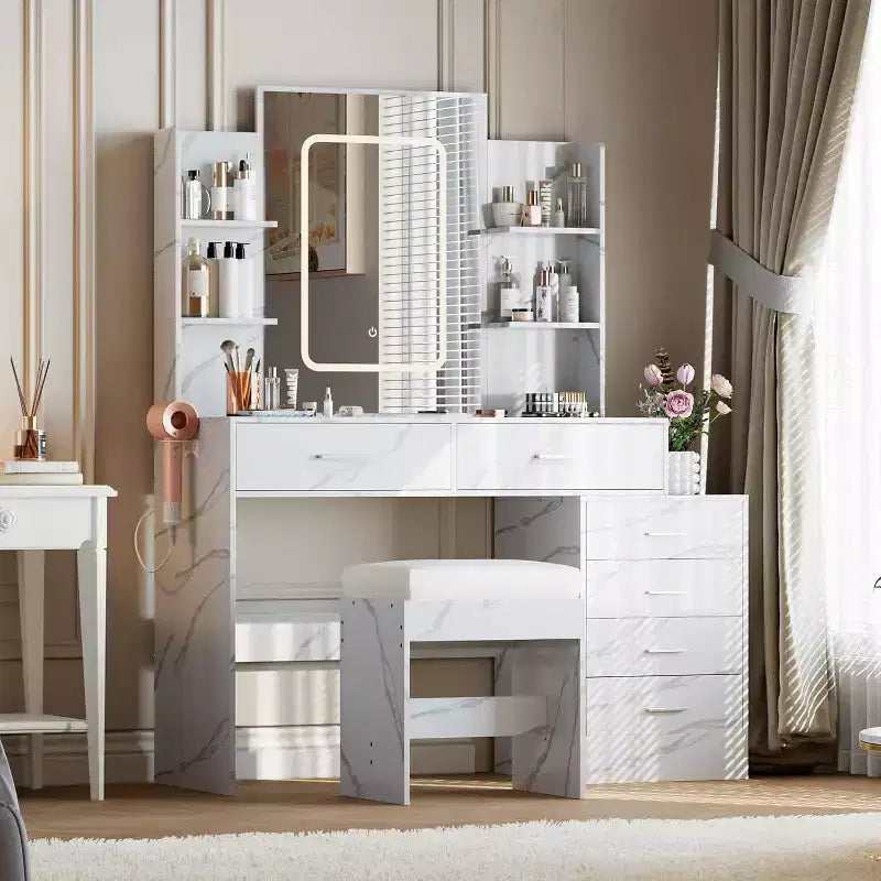 Coiffeuse noire/blanc marbré avec miroir, lumières et station de charge – 1 personne