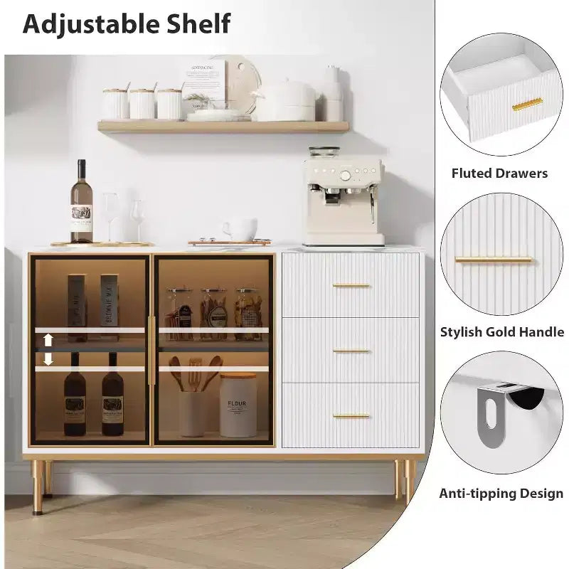 Bahut buffet de 117,8 cm, Noir/Blanc, 2 portes vitrées, 3 tiroirs, Dessus en marbre, Montage par 1 personne
