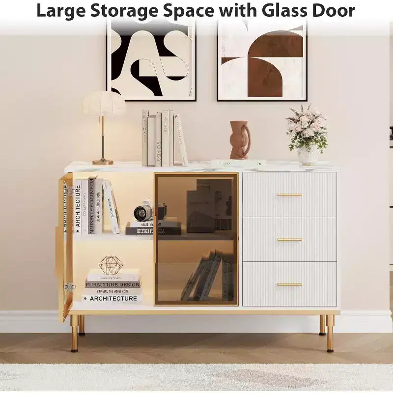Bahut buffet de 117,8 cm, Noir/Blanc, 2 portes vitrées, 3 tiroirs, Dessus en marbre, Montage par 1 personne
