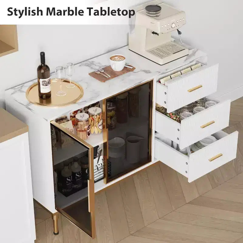 Bahut buffet de 117,8 cm, Noir/Blanc, 2 portes vitrées, 3 tiroirs, Dessus en marbre, Montage par 1 personne