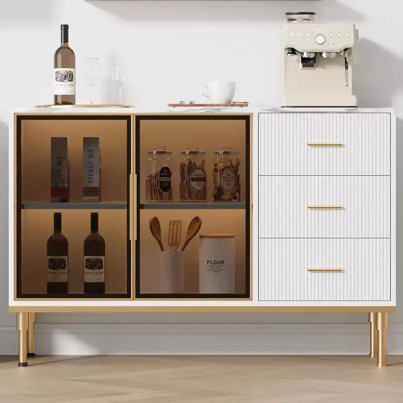 Bahut buffet de 117,8 cm, Noir/Blanc, 2 portes vitrées, 3 tiroirs, Dessus en marbre, Montage par 1 personne
