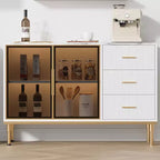 Bahut buffet de 117,8 cm, Noir/Blanc, 2 portes vitrées, 3 tiroirs, Dessus en marbre, Montage par 1 personne