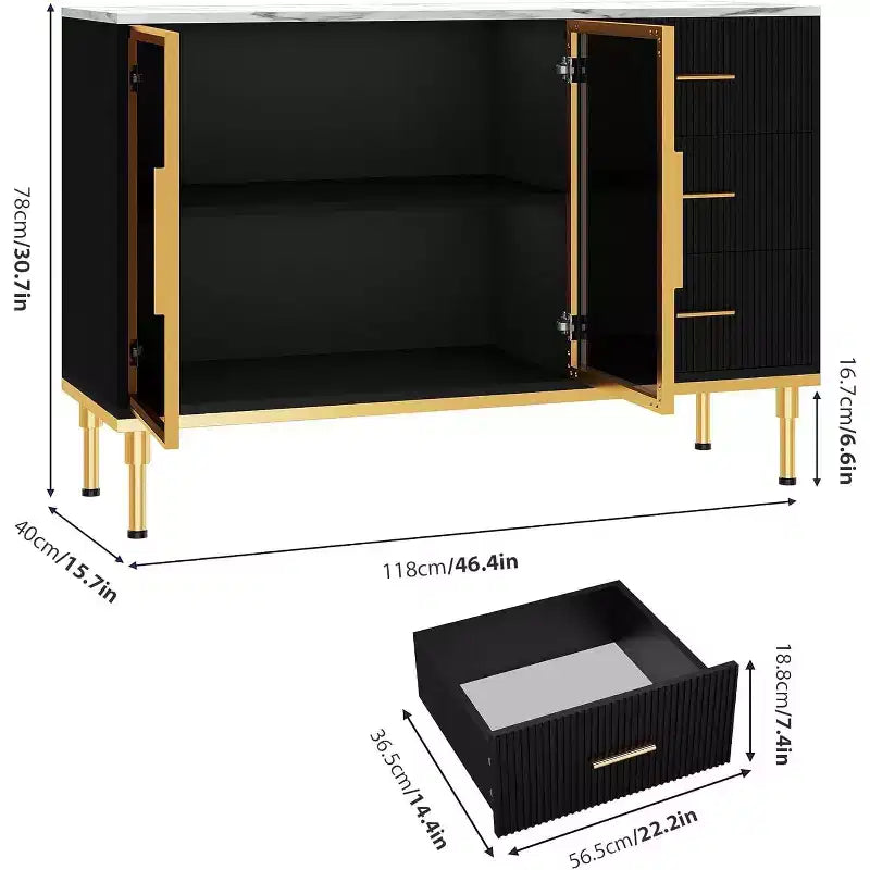 Bahut buffet de 117,8 cm, Noir/Blanc, 2 portes vitrées, 3 tiroirs, Dessus en marbre, Montage par 1 personne