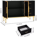 Bahut buffet de 117,8 cm, Noir/Blanc, 2 portes vitrées, 3 tiroirs, Dessus en marbre, Montage par 1 personne