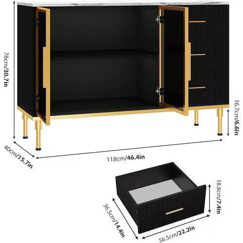 Bahut buffet de 117,8 cm, Noir/Blanc, 2 portes vitrées, 3 tiroirs, Dessus en marbre, Montage par 1 personne