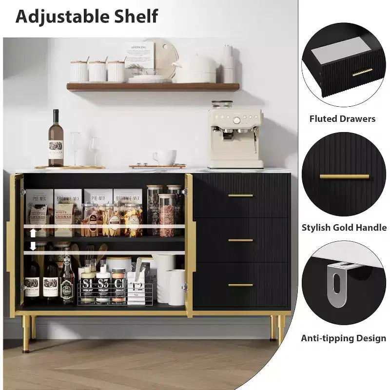 Bahut buffet de 117,8 cm, Noir/Blanc, 2 portes vitrées, 3 tiroirs, Dessus en marbre, Montage par 1 personne