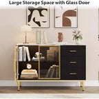 Bahut buffet de 117,8 cm, Noir/Blanc, 2 portes vitrées, 3 tiroirs, Dessus en marbre, Montage par 1 personne