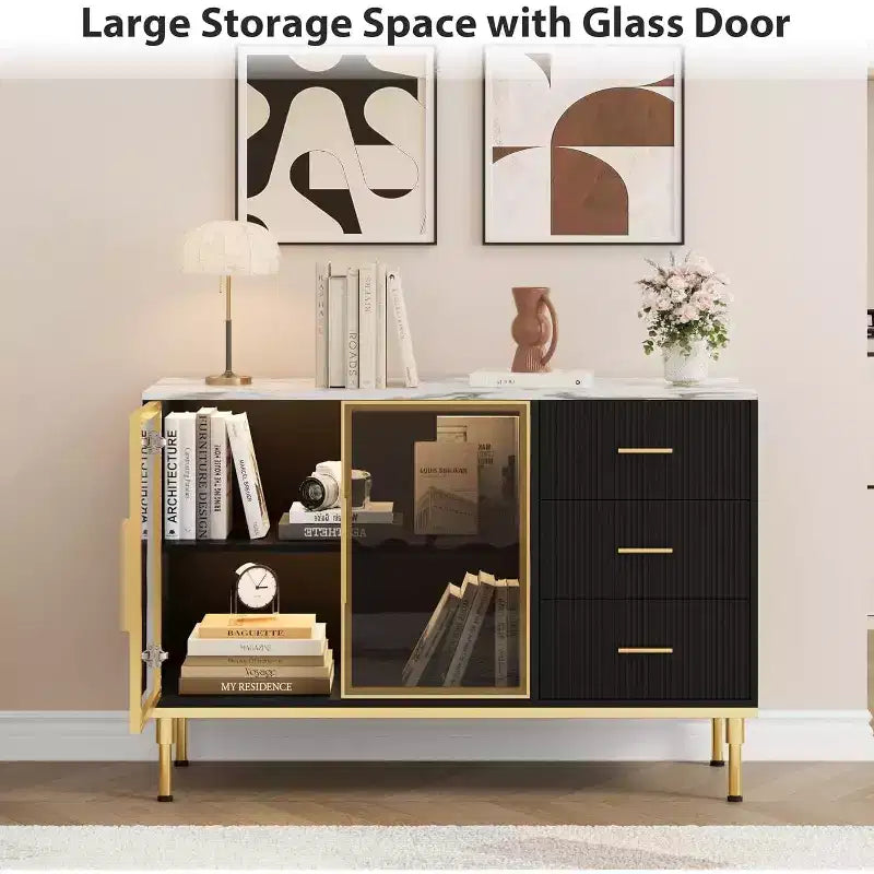 Bahut buffet de 117,8 cm, Noir/Blanc, 2 portes vitrées, 3 tiroirs, Dessus en marbre, Montage par 1 personne