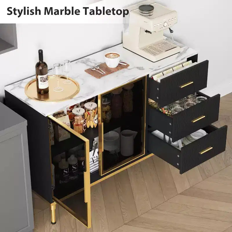 Bahut buffet de 117,8 cm, Noir/Blanc, 2 portes vitrées, 3 tiroirs, Dessus en marbre, Montage par 1 personne