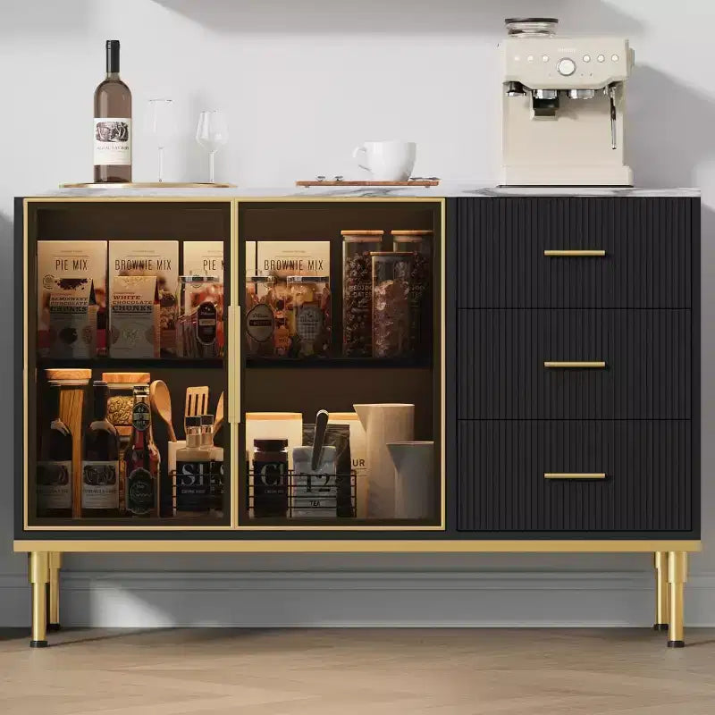 Bahut buffet de 117,8 cm, Noir/Blanc, 2 portes vitrées, 3 tiroirs, Dessus en marbre, Montage par 1 personne