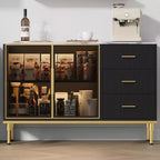 Bahut buffet de 117,8 cm, Noir/Blanc, 2 portes vitrées, 3 tiroirs, Dessus en marbre, Montage par 1 personne