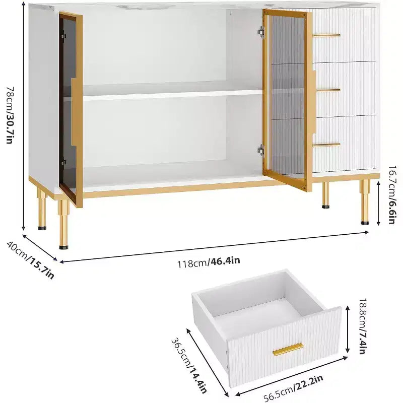 Bahut buffet de 117,8 cm, Noir/Blanc, 2 portes vitrées, 3 tiroirs, Dessus en marbre, Montage par 1 personne