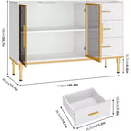 Bahut buffet de 117,8 cm, Noir/Blanc, 2 portes vitrées, 3 tiroirs, Dessus en marbre, Montage par 1 personne