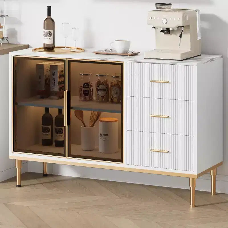 Bahut buffet de 117,8 cm, Noir/Blanc, 2 portes vitrées, 3 tiroirs, Dessus en marbre, Montage par 1 personne