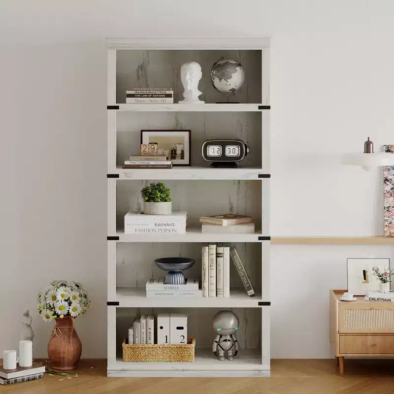 Bibliothèque de ferme à 5 niveaux, blanc antique / marron / gris / chêne foncé / cerisier foncé, 1 personne