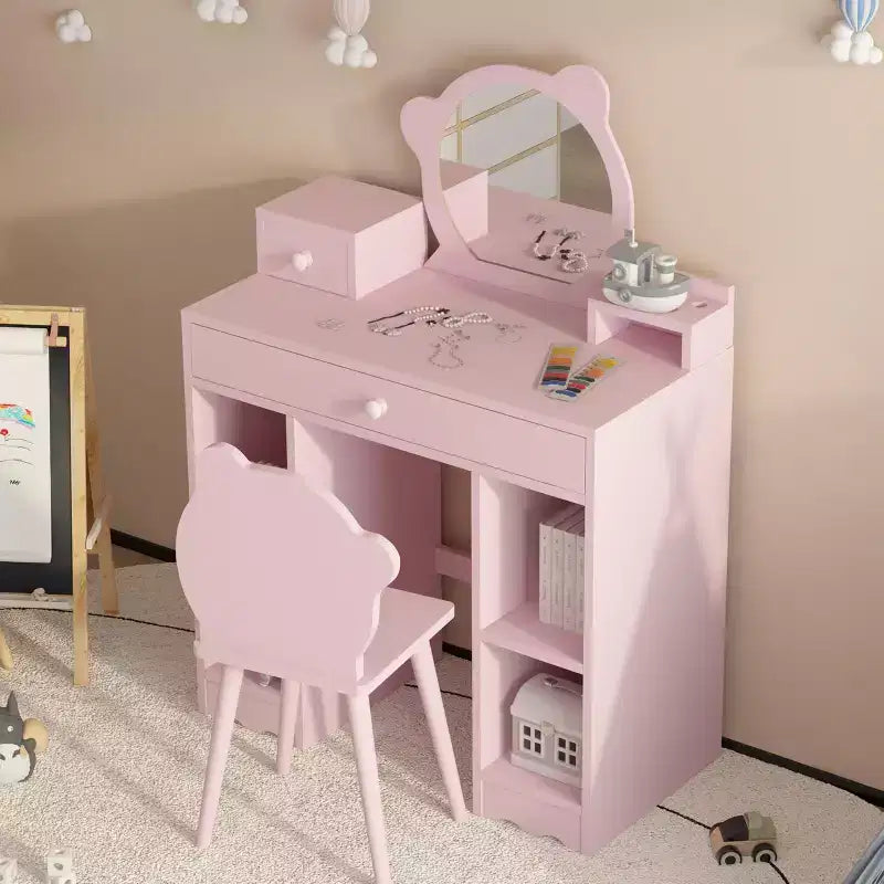 Coiffeuse et chaise miroir Ourson Rose, bois, 1 enfant