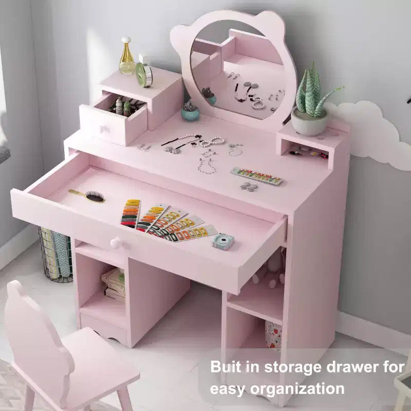 Coiffeuse et chaise miroir Ourson Rose, bois, 1 enfant