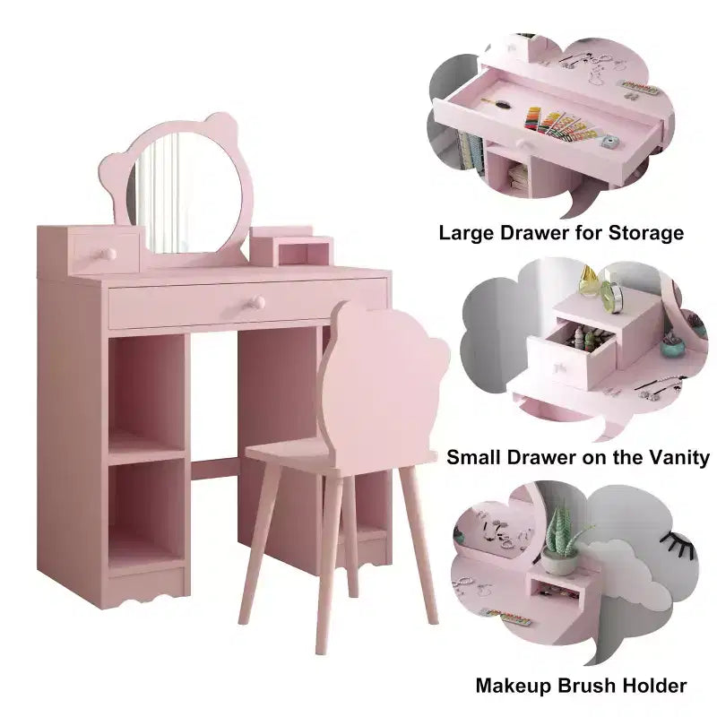 Coiffeuse et chaise miroir Ourson Rose, bois, 1 enfant