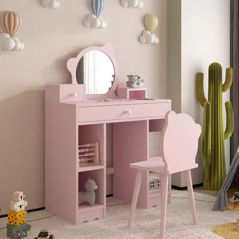 Coiffeuse et chaise miroir Ourson Rose, bois, 1 enfant