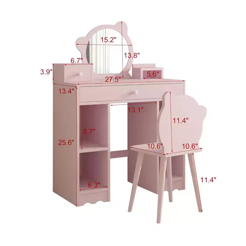 Coiffeuse et chaise miroir Ourson Rose, bois, 1 enfant