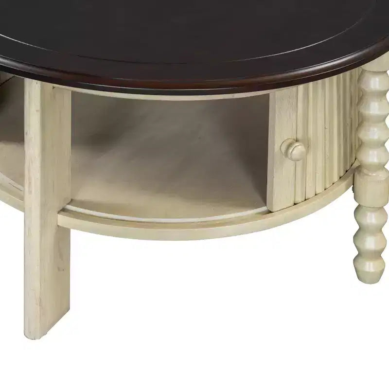 Table basse ovale/ronde marron et beige avec tiroir/porte coulissante, 1 à 4 places