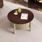 Table basse ovale/ronde marron et beige avec tiroir/porte coulissante, 1 à 4 places