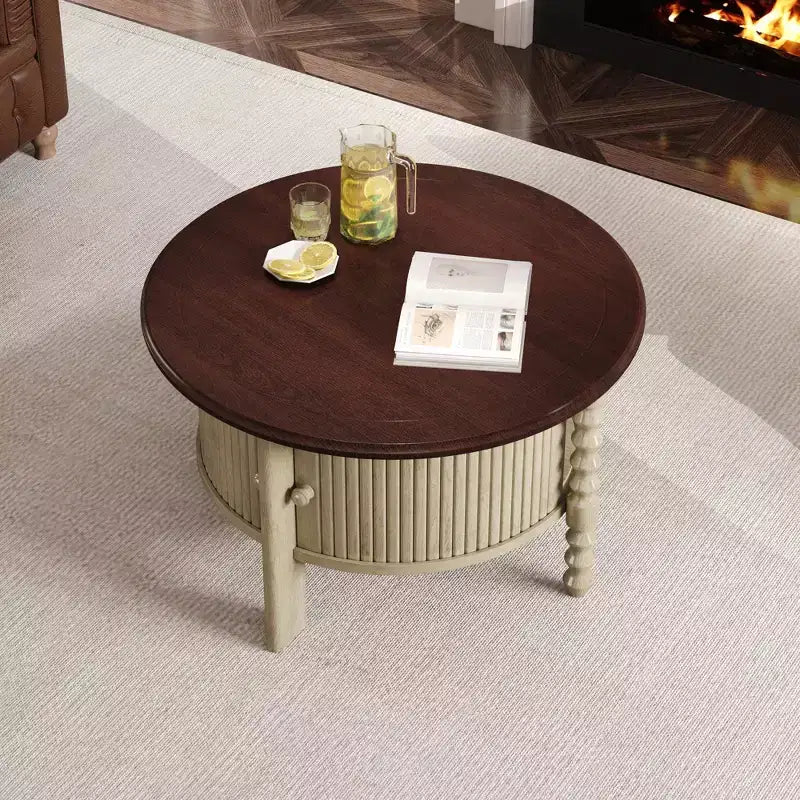 Table basse ovale/ronde marron et beige avec tiroir/porte coulissante, 1 à 4 places