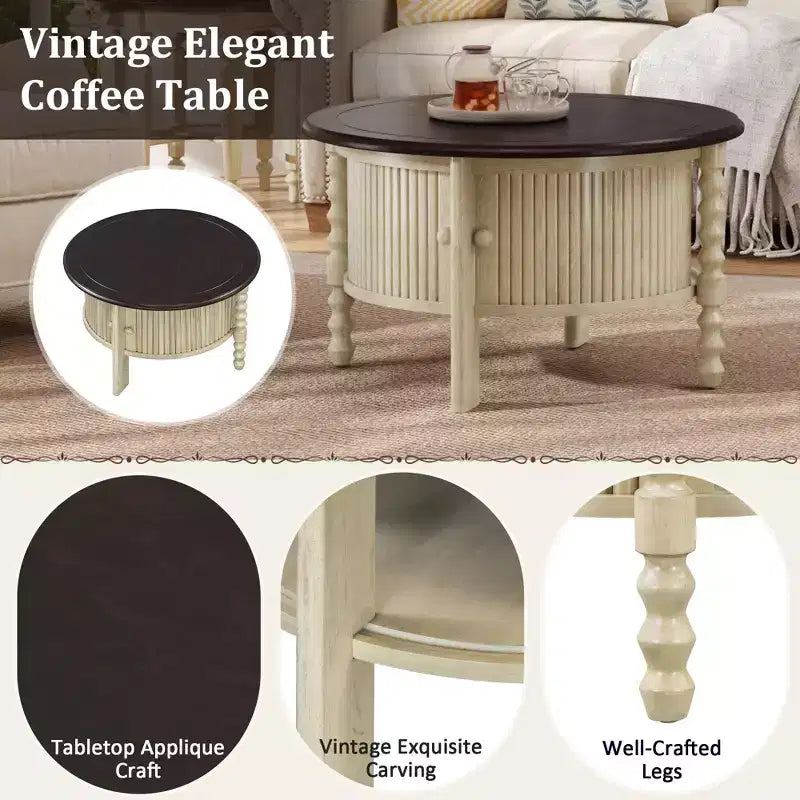 Table basse ovale/ronde marron et beige avec tiroir/porte coulissante, 1 à 4 places