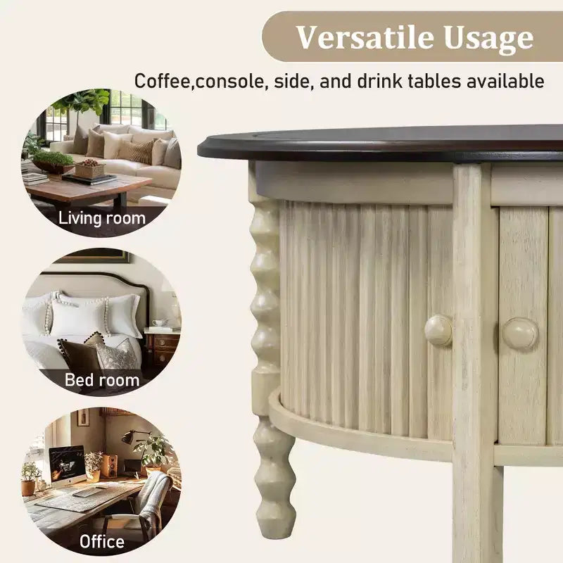 Table basse ovale/ronde marron et beige avec tiroir/porte coulissante, 1 à 4 places