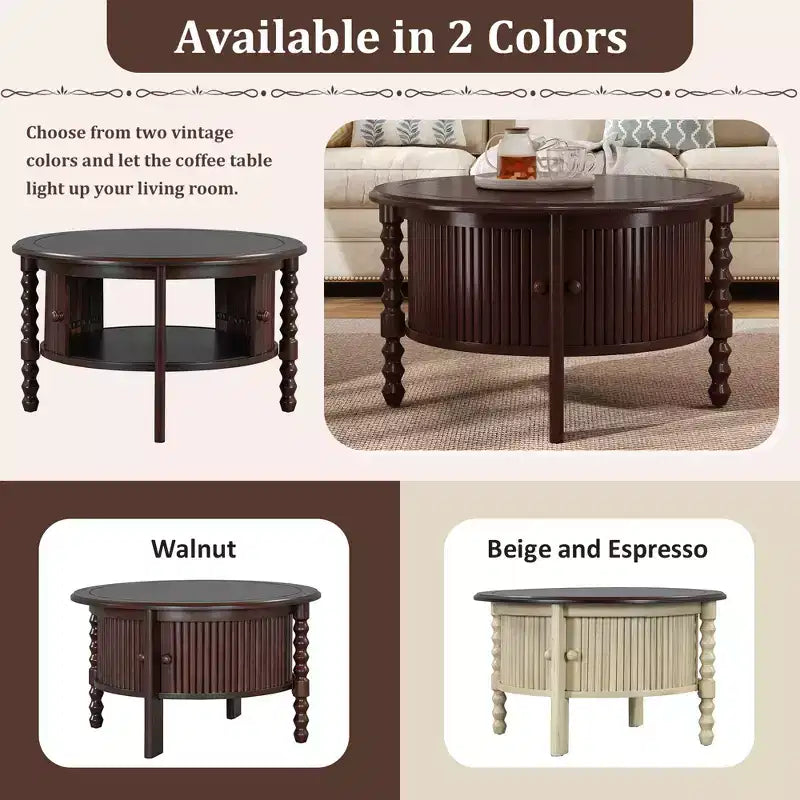 Table basse ovale/ronde marron et beige avec tiroir/porte coulissante, 1 à 4 places