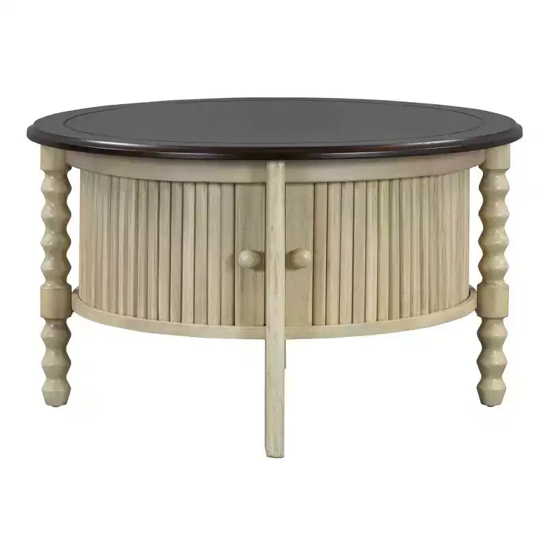 Table basse ovale/ronde marron et beige avec tiroir/porte coulissante, 1 à 4 places