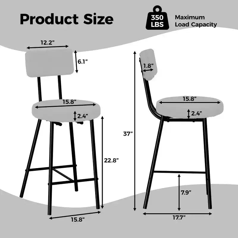 Tabouret de bar rond rembourré beige/gris avec dossier et repose-pieds, lot de 2/4