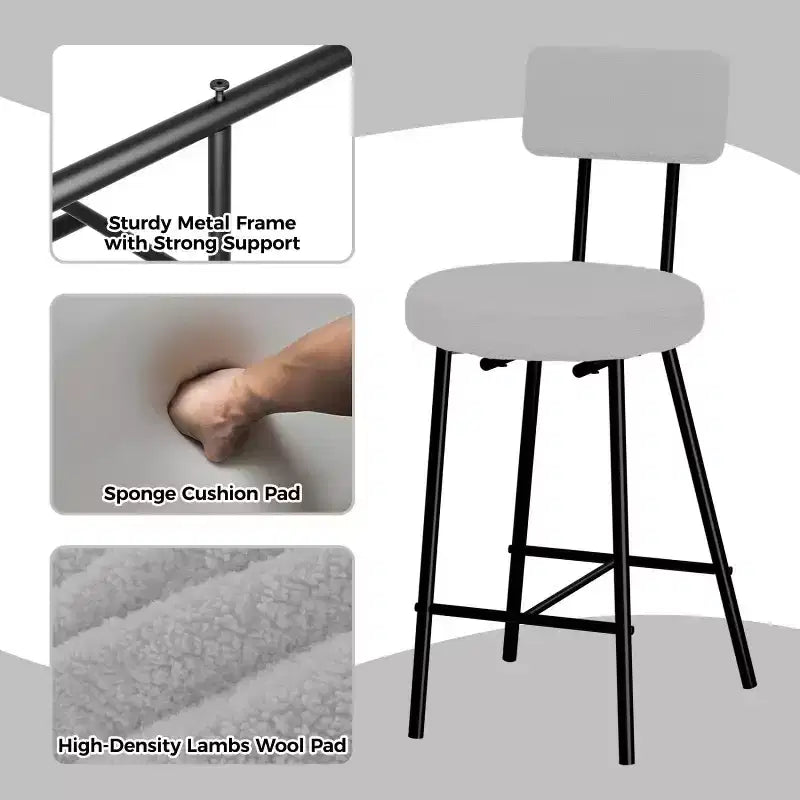 Tabouret de bar rond rembourré beige/gris avec dossier et repose-pieds, lot de 2/4