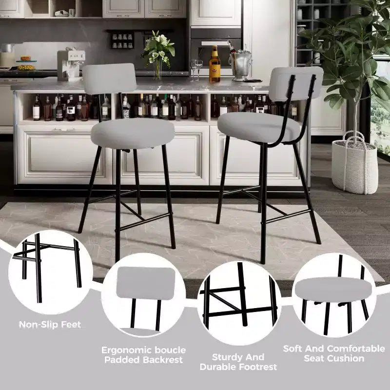 Tabouret de bar rond rembourré beige/gris avec dossier et repose-pieds, lot de 2/4