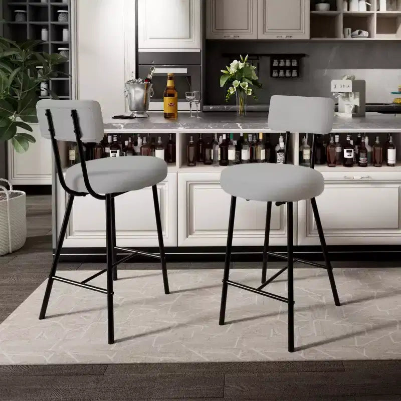 Tabouret de bar rond rembourré beige/gris avec dossier et repose-pieds, lot de 2/4