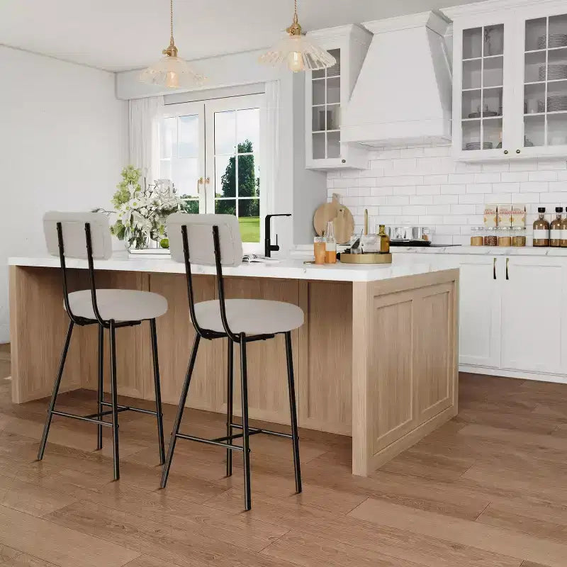 Tabouret de bar rond rembourré beige/gris avec dossier et repose-pieds, lot de 2/4