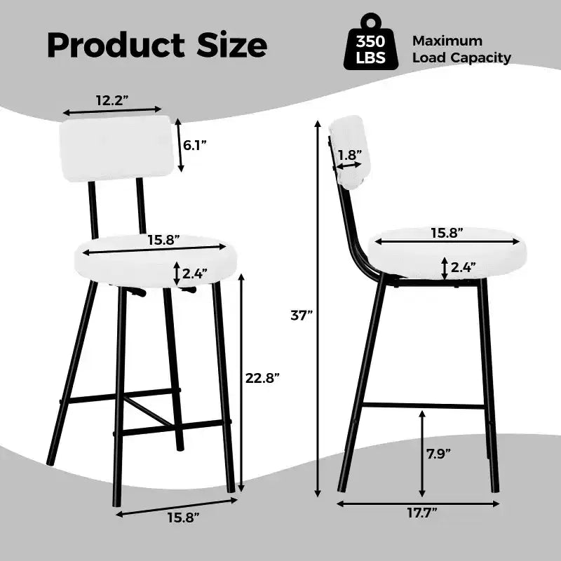 Tabouret de bar rond rembourré beige/gris avec dossier et repose-pieds, lot de 2/4