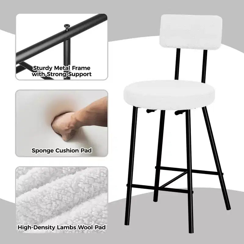 Tabouret de bar rond rembourré beige/gris avec dossier et repose-pieds, lot de 2/4